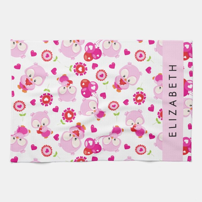 Pattern Of Owls, Cute Owls, Pink Owls, Your Name Kitchen Towel (Horizontal)