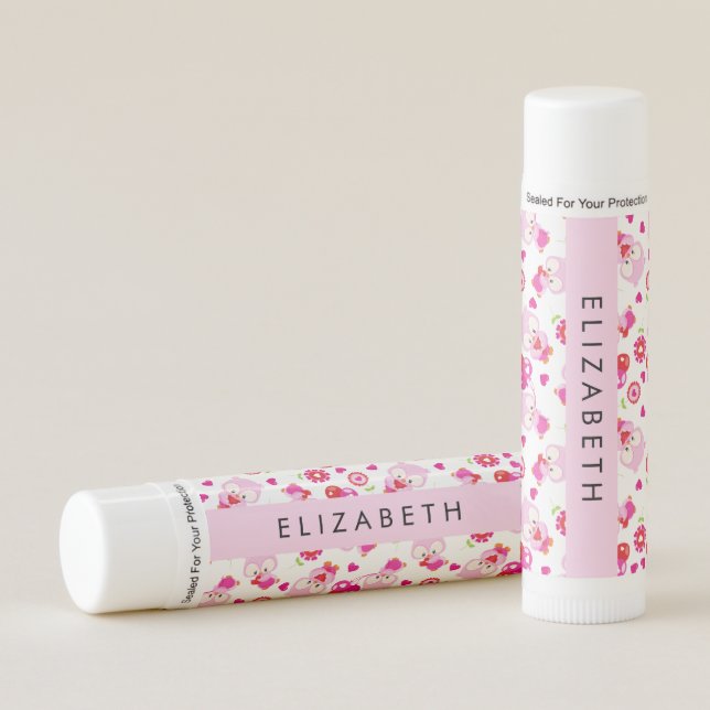 Pattern Of Owls, Cute Owls, Pink Owls, Your Name Lip Balm (Front)