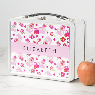 Pattern Of Owls, Cute Owls, Pink Owls, Your Name Metal Lunch Box