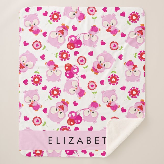 Pattern Of Owls, Cute Owls, Pink Owls, Your Name Sherpa Blanket (Front)