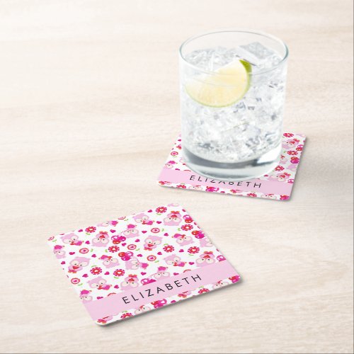 Pattern Of Owls Cute Owls Pink Owls Your Name Square Paper Coaster
