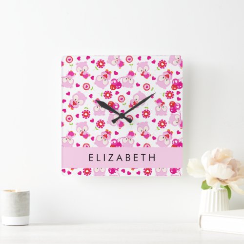 Pattern Of Owls Cute Owls Pink Owls Your Name Square Wall Clock