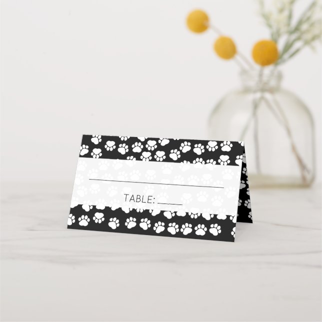 Pattern Of Paws, Black and White, Wedding Place Card (Front)