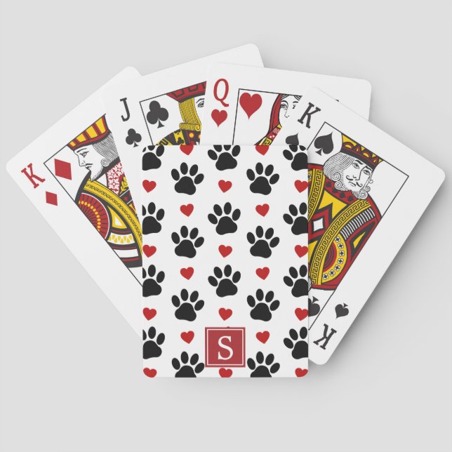 Pattern Of Paws, Black Paws, Red Hearts, Monogram Poker Cards (Back)