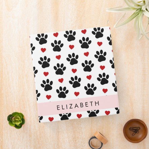 Pattern Of Paws Black Paws Red Hearts Your Name 3 Ring Binder