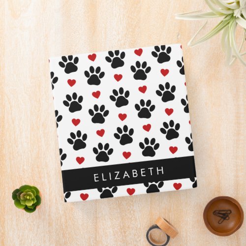 Pattern Of Paws Black Paws Red Hearts Your Name 3 Ring Binder