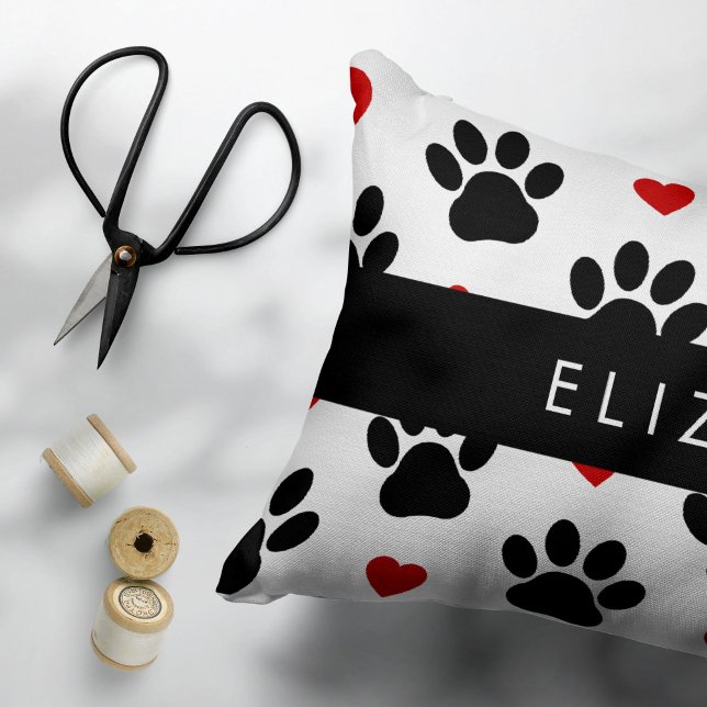 Pattern Of Paws, Black Paws, Red Hearts, Your Name Accent Pillow (Creator Uploaded)
