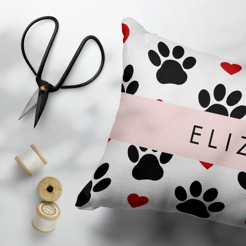 Pattern Of Paws Black Paws Red Hearts Your Name Accent Pillow