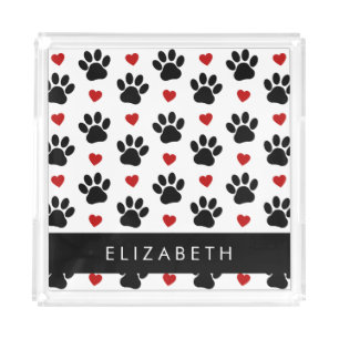 Pattern Of Paws, Black Paws, Red Hearts, Your Name Acrylic Tray