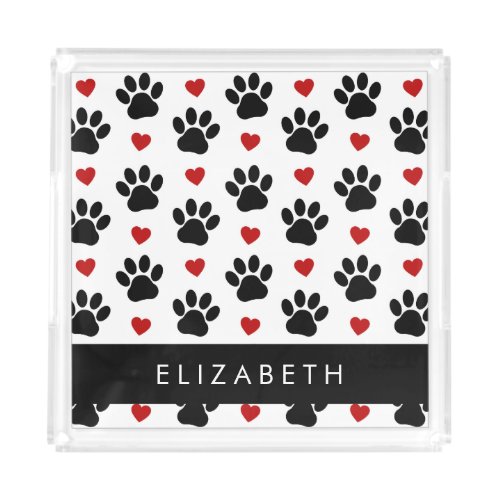 Pattern Of Paws Black Paws Red Hearts Your Name Acrylic Tray