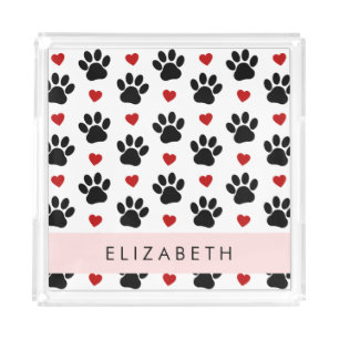 Pattern Of Paws, Black Paws, Red Hearts, Your Name Acrylic Tray