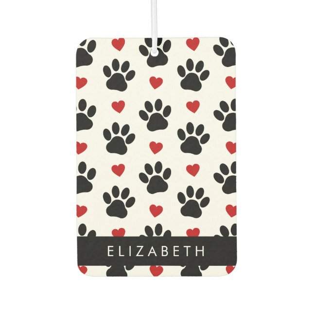 Pattern Of Paws, Black Paws, Red Hearts, Your Name Air Freshener (Front)