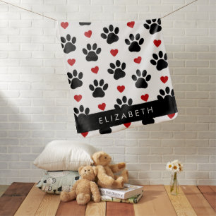Pattern Of Paws, Black Paws, Red Hearts, Your Name Baby Blanket