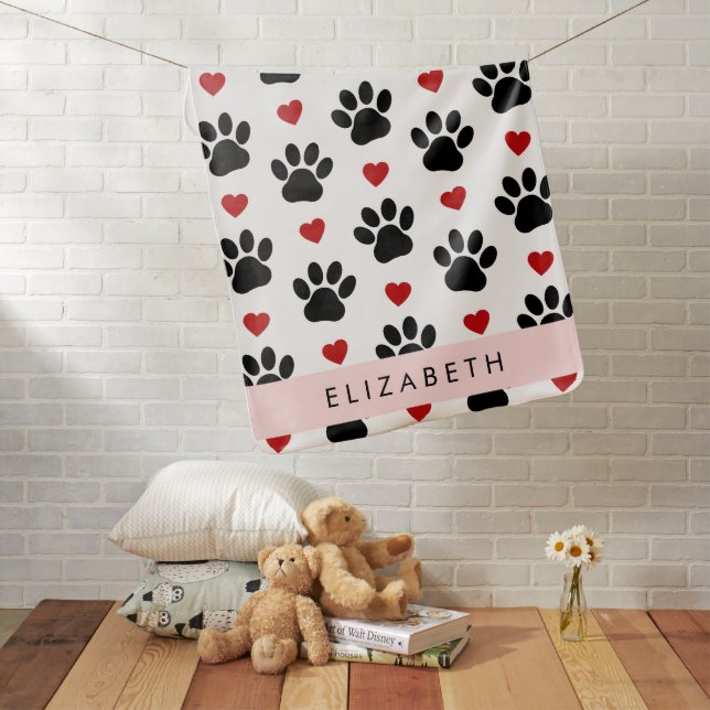 Pattern Of Paws, Black Paws, Red Hearts, Your Name Baby Blanket (In Situ)