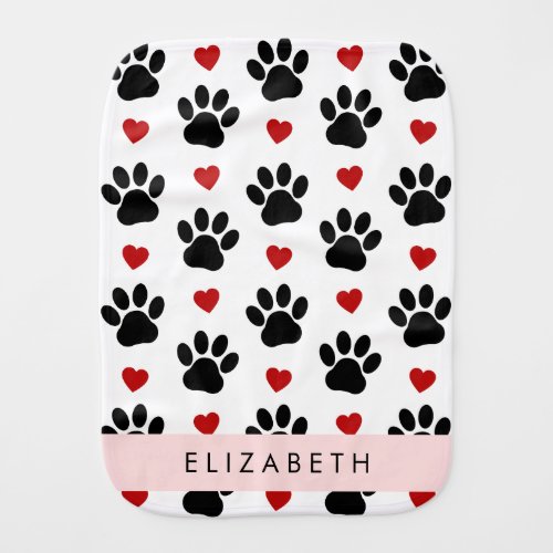 Pattern Of Paws Black Paws Red Hearts Your Name Baby Burp Cloth