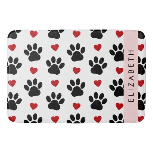 Pattern Of Paws Black Paws Red Hearts Your Name Bath Mat