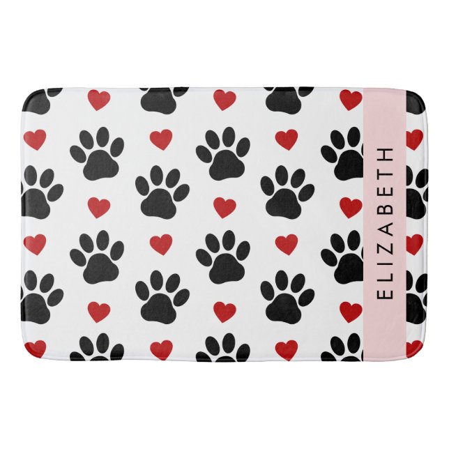 Pattern Of Paws, Black Paws, Red Hearts, Your Name Bath Mat (Front)