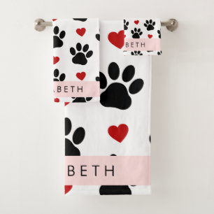 Pattern Of Paws, Black Paws, Red Hearts, Your Name Bath Towel Set