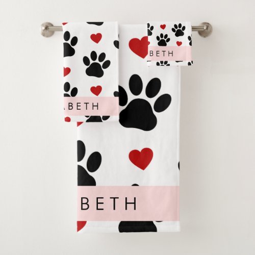 Pattern Of Paws Black Paws Red Hearts Your Name Bath Towel Set