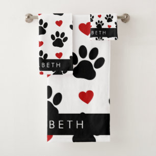 Pattern Of Paws, Black Paws, Red Hearts, Your Name Bath Towel Set
