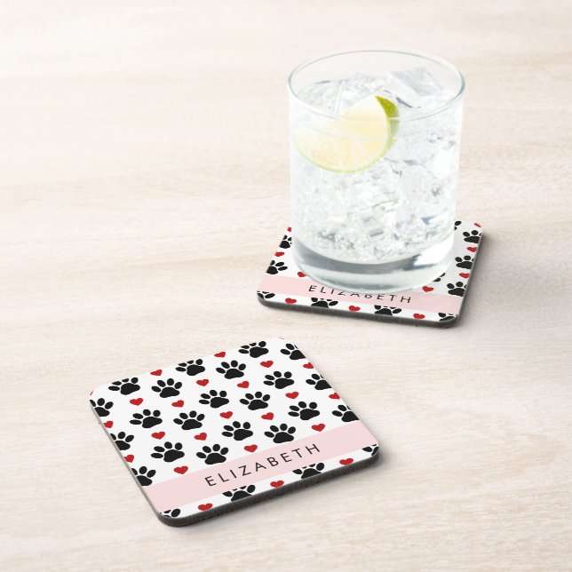 Pattern Of Paws, Black Paws, Red Hearts, Your Name Beverage Coaster (Right Side)