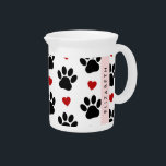 Pattern Of Paws, Black Paws, Red Hearts, Your Name Beverage Pitcher<br><div class="desc">Cute,  fun and adorable pattern with black paws and red hearts. Modern and trendy gift,  perfect for the dog lover in your life. Personalize by adding your name,  nickname,  monogram or initials.</div>