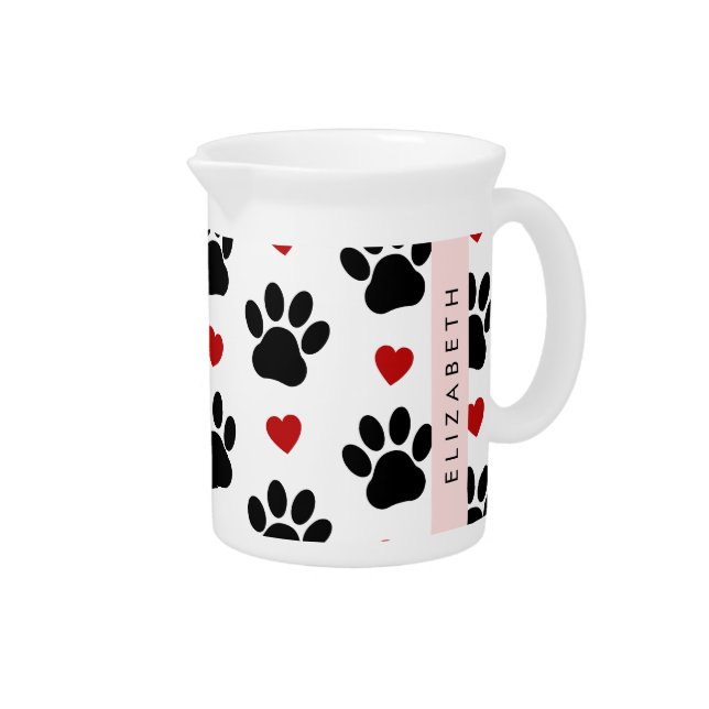 Pattern Of Paws, Black Paws, Red Hearts, Your Name Beverage Pitcher (Right)