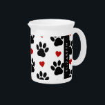 Pattern Of Paws, Black Paws, Red Hearts, Your Name Beverage Pitcher<br><div class="desc">Cute, fun and adorable pattern with black paws and red hearts. Modern and trendy gift, perfect for the dog lover in your life. Personalize by adding your name, nickname, monogram or initials.</div>