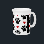 Pattern Of Paws, Black Paws, Red Hearts, Your Name Beverage Pitcher<br><div class="desc">Cute, fun and adorable pattern with black paws and red hearts. Modern and trendy gift, perfect for the dog lover in your life. Personalize by adding your name, nickname, monogram or initials.</div>
