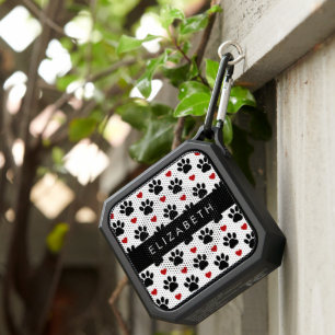 Pattern Of Paws, Black Paws, Red Hearts, Your Name Bluetooth Speaker