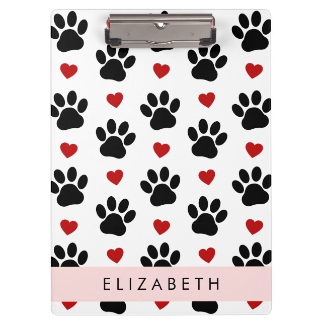 Pattern Of Paws, Black Paws, Red Hearts, Your Name Clipboard (Front)