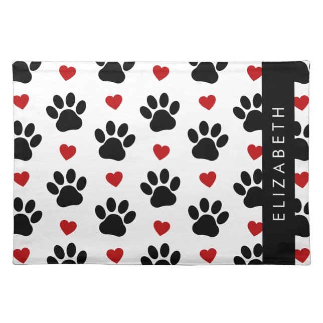 Pattern Of Paws, Black Paws, Red Hearts, Your Name Cloth Placemat (Front)