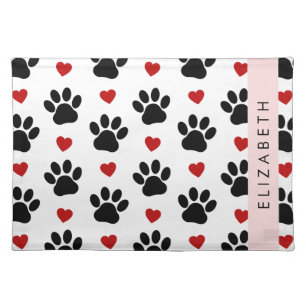 Pattern Of Paws, Black Paws, Red Hearts, Your Name Cloth Placemat