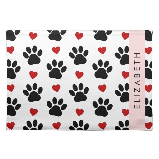 Pattern Of Paws, Black Paws, Red Hearts, Your Name Cloth Placemat (Front)