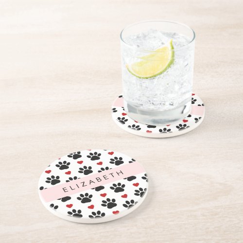 Pattern Of Paws Black Paws Red Hearts Your Name Coaster