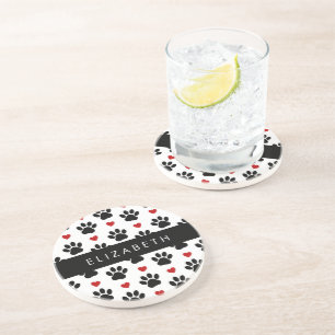 Pattern Of Paws, Black Paws, Red Hearts, Your Name Coaster