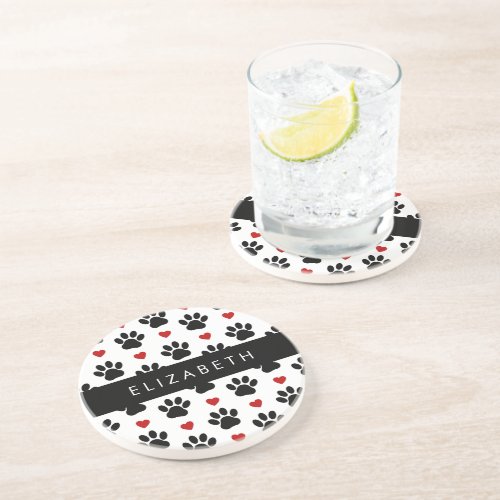 Pattern Of Paws Black Paws Red Hearts Your Name Coaster