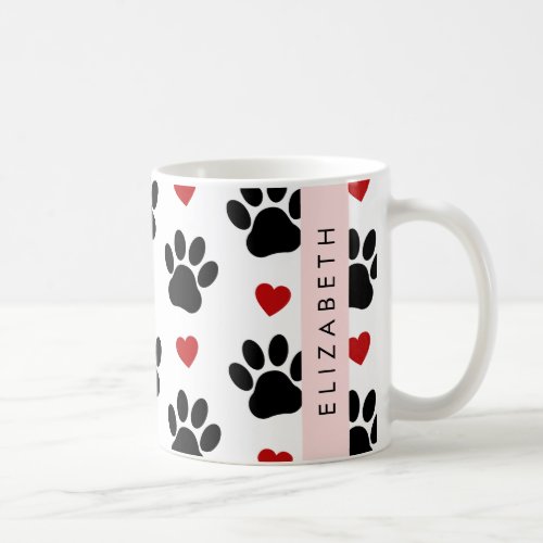 Pattern Of Paws Black Paws Red Hearts Your Name Coffee Mug