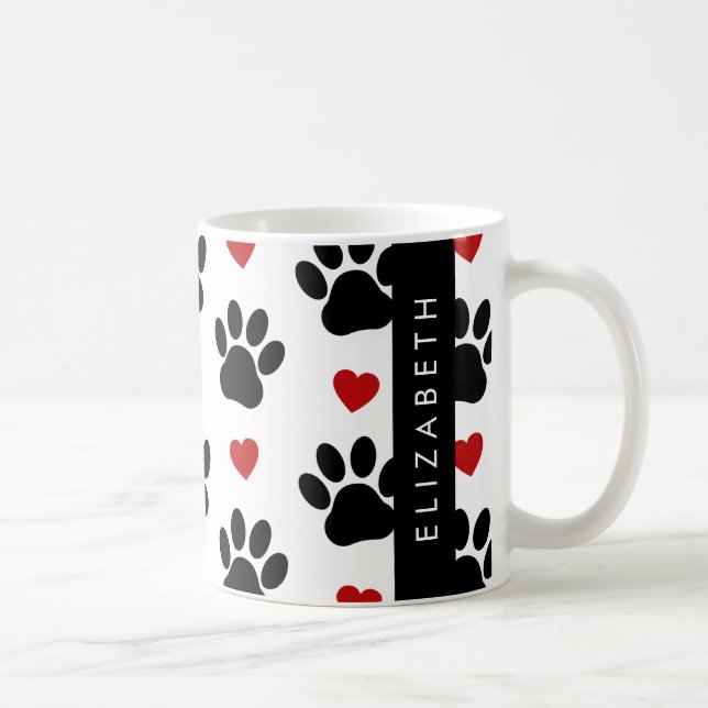 Pattern Of Paws, Black Paws, Red Hearts, Your Name Coffee Mug (Right)