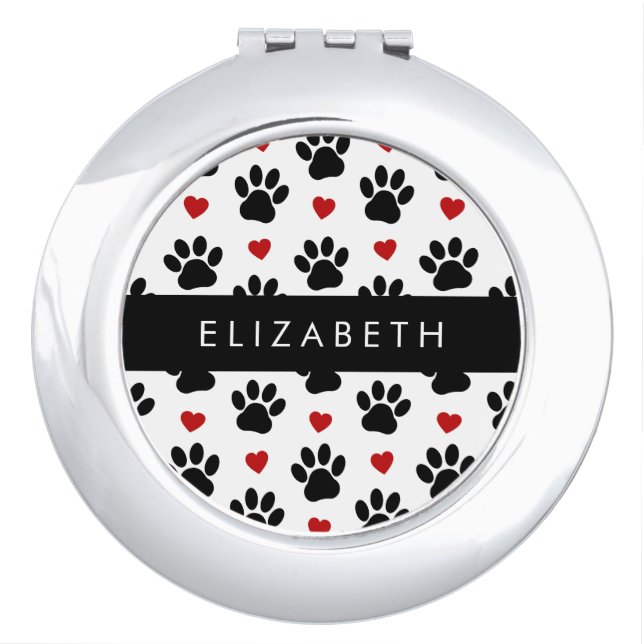 Pattern Of Paws, Black Paws, Red Hearts, Your Name Compact Mirror (Front)