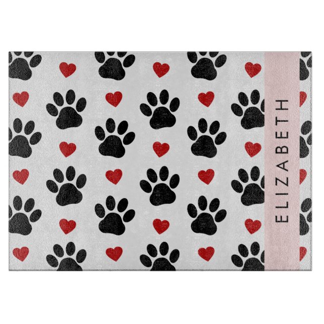 Pattern Of Paws, Black Paws, Red Hearts, Your Name Cutting Board (Front)