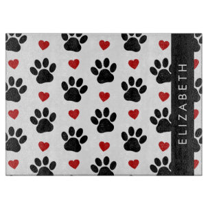 Pattern Of Paws, Black Paws, Red Hearts, Your Name Cutting Board