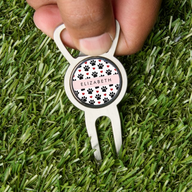 Pattern Of Paws, Black Paws, Red Hearts, Your Name Divot Tool (Insitu 1)