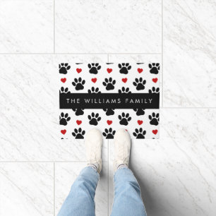 Pattern Of Paws, Black Paws, Red Hearts, Your Name Doormat