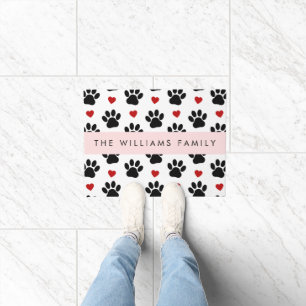 Pattern Of Paws, Black Paws, Red Hearts, Your Name Doormat