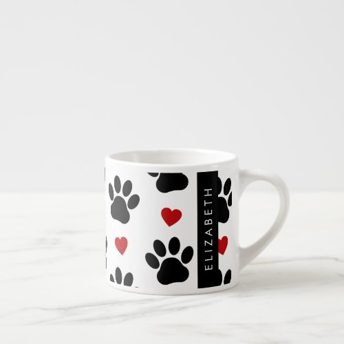 Pattern Of Paws Black Paws Red Hearts Your Name Espresso Cup