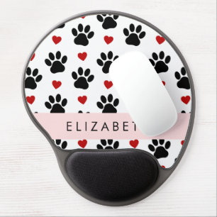 Pattern Of Paws, Black Paws, Red Hearts, Your Name Gel Mouse Pad