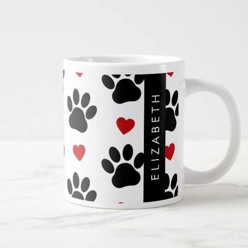 Pattern Of Paws Black Paws Red Hearts Your Name Giant Coffee Mug