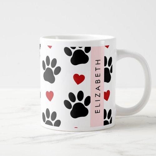 Pattern Of Paws Black Paws Red Hearts Your Name Giant Coffee Mug