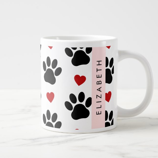 Pattern Of Paws, Black Paws, Red Hearts, Your Name Giant Coffee Mug (Right)